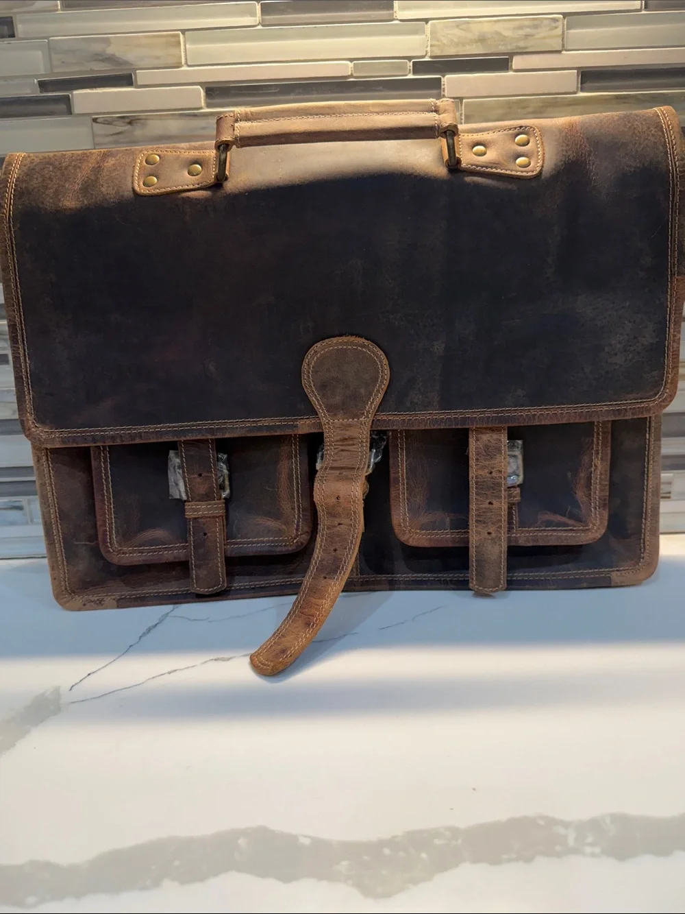 Vintage-Style Brown Leather Men's Briefcase with Front Pockets